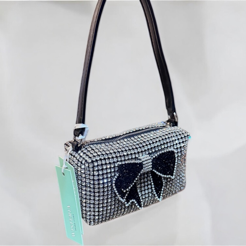 Wisteria NWT Rhinestone Krystal Bow Bag / Silver Black Handbag w crossbody strap